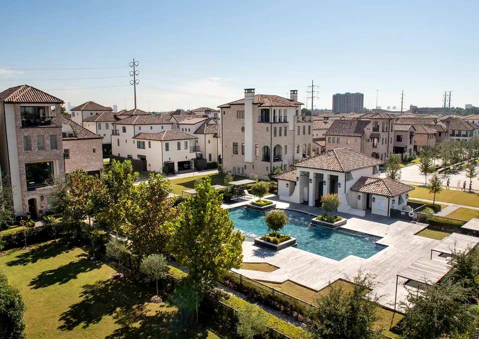 Aerial view of a courtyard pool